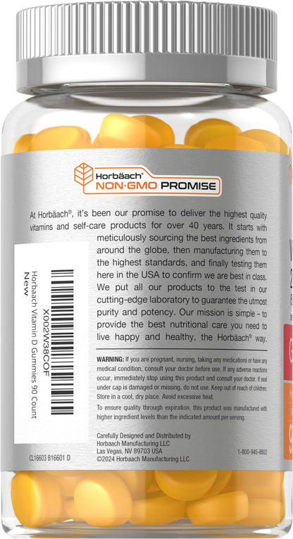 Horbäach Vitamin D3 2000 IU Gummies - 90 Count, Pineapple Flavor, Vegetarian, Non-GMO, Gluten Free