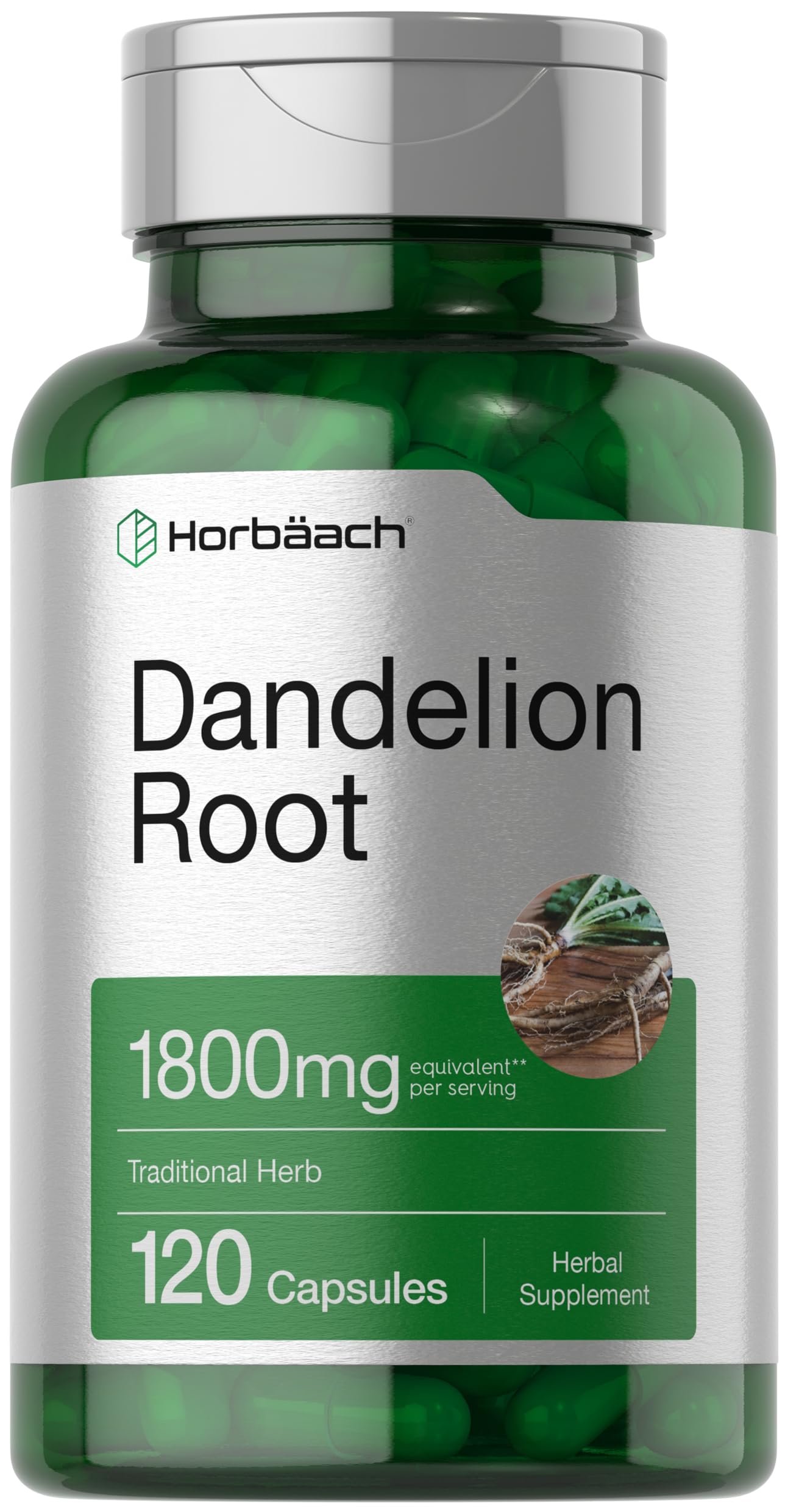 Horbäach Dandelion Root 1800mg - 120 Capsules | Non-GMO, Gluten Free