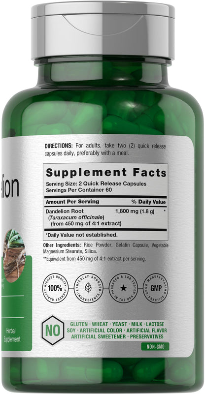 Horbäach Dandelion Root 1800mg - 120 Capsules | Non-GMO, Gluten Free