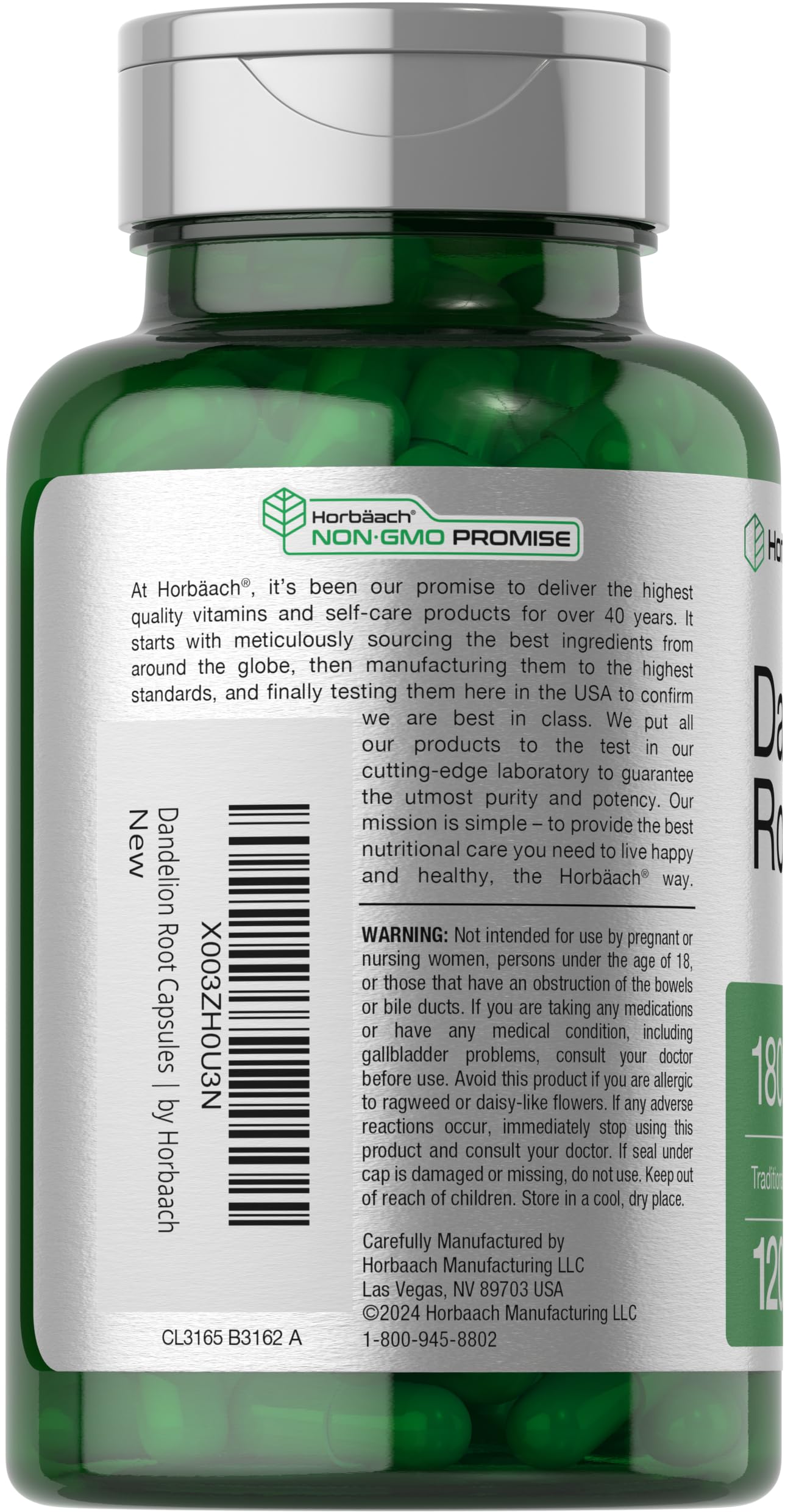 Horbäach Dandelion Root 1800mg - 120 Capsules | Non-GMO, Gluten Free