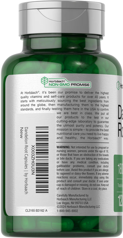 Horbäach Dandelion Root 1800mg - 120 Capsules | Non-GMO, Gluten Free