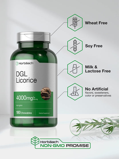 Horbäach DGL Licorice Chewable Tablets 4000mg | 180 Count | Vegetarian & Non-GMO | Deglycyrrhizinated Licorice Root Extract