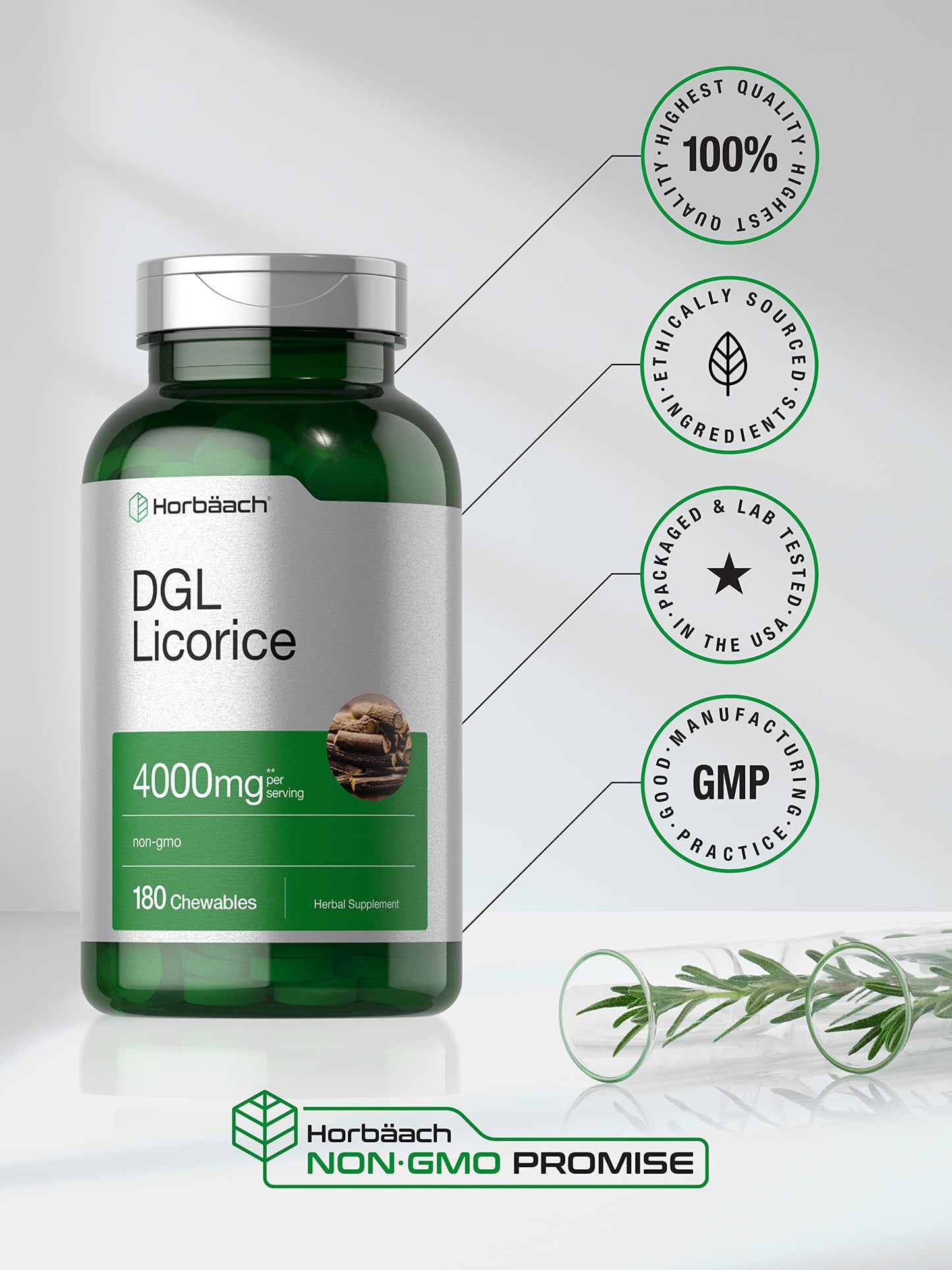 Horbäach DGL Licorice Chewable Tablets 4000mg | 180 Count | Vegetarian & Non-GMO | Deglycyrrhizinated Licorice Root Extract