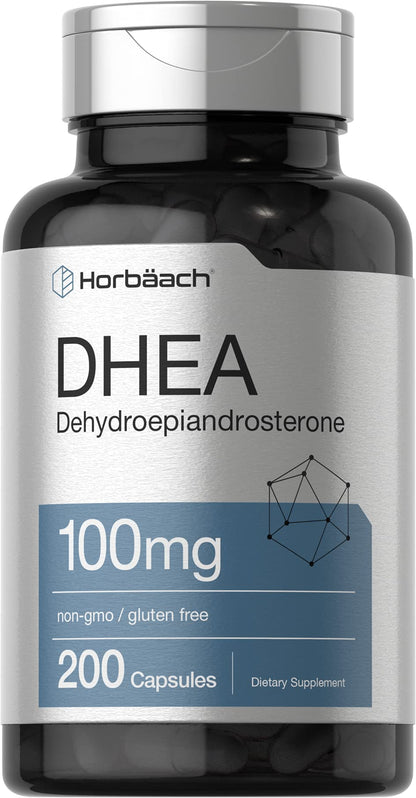 Horbäach DHEA 100mg | 200 Capsules – Non-GMO, Gluten Free | For Men & Women