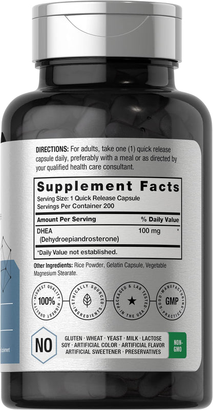 Horbäach DHEA 100mg | 200 Capsules – Non-GMO, Gluten Free | For Men & Women