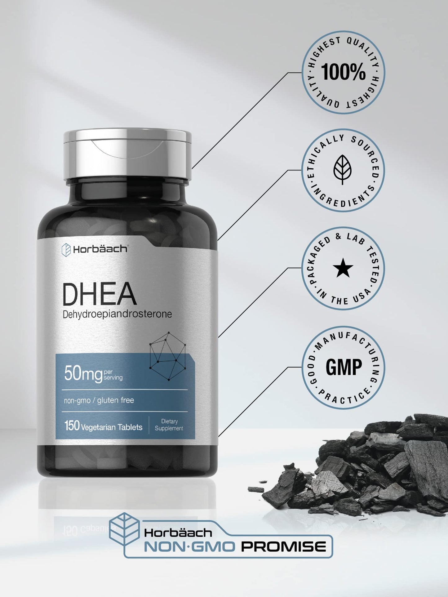 Horbäach DHEA 50mg | 150 Tablets | Non-GMO, Gluten Free