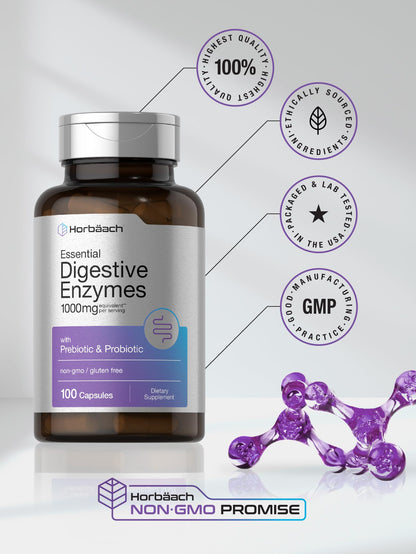 Horbäach Essential Digestive Enzymes – 100 Capsules | Non-GMO & Gluten Free