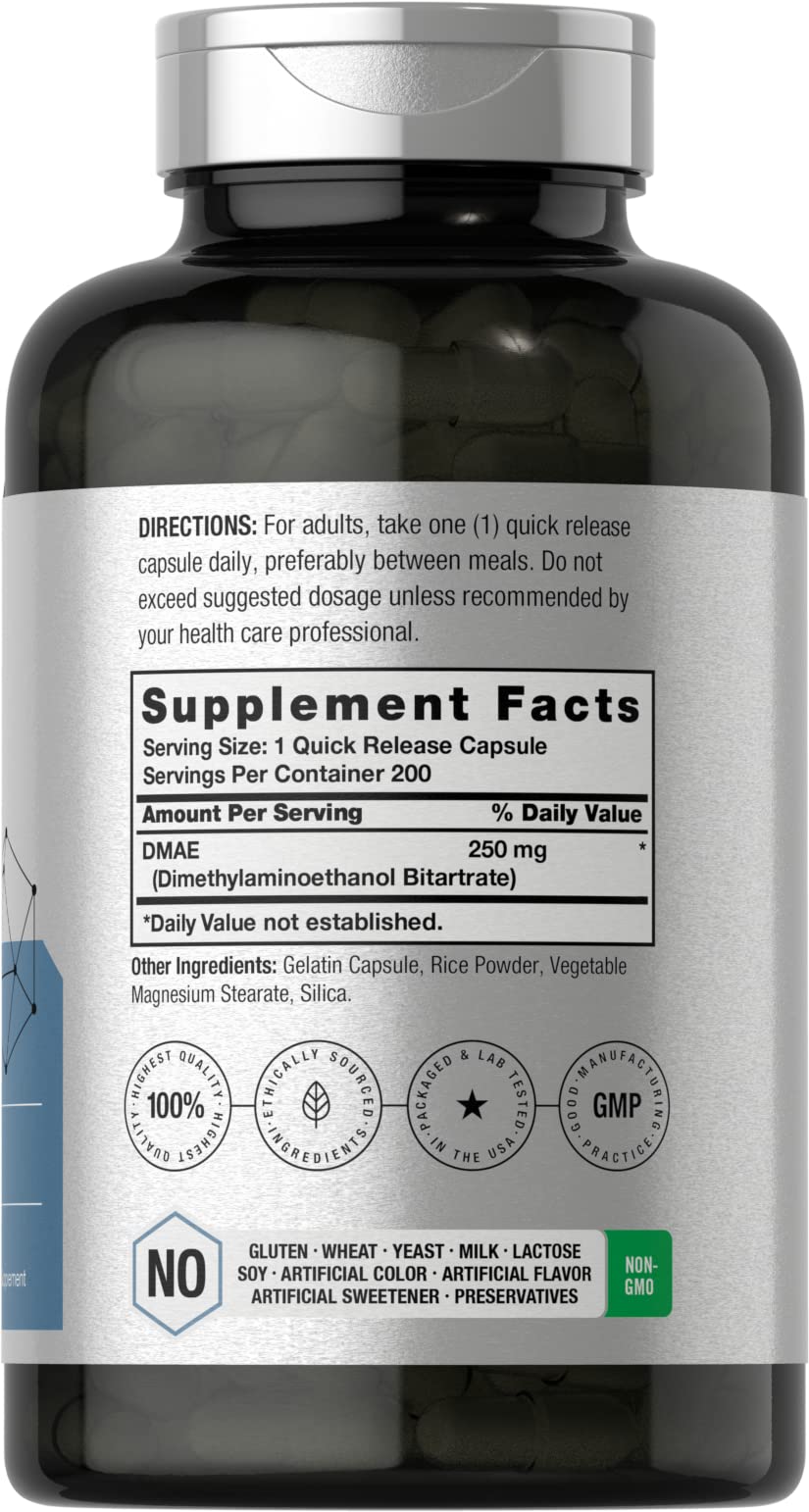 Horbaach DMAE Dimethylaminoethanol Bitartrate 250 mg | 200 Capsules | Non-GMO & Gluten Free Supplement