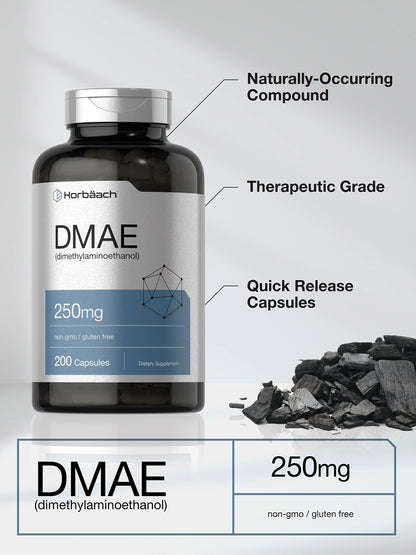 Horbaach DMAE Dimethylaminoethanol Bitartrate 250 mg | 200 Capsules | Non-GMO & Gluten Free Supplement