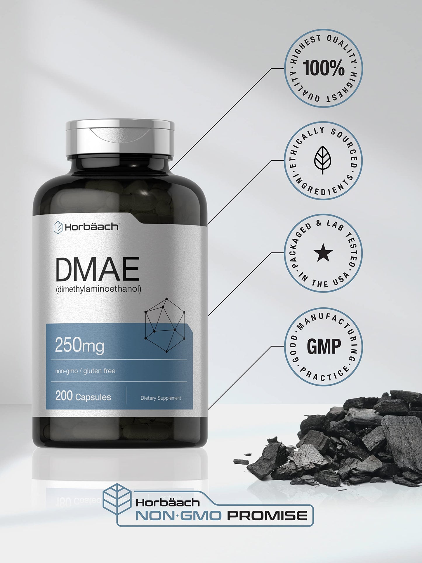 Horbaach DMAE Dimethylaminoethanol Bitartrate 250 mg | 200 Capsules | Non-GMO & Gluten Free Supplement
