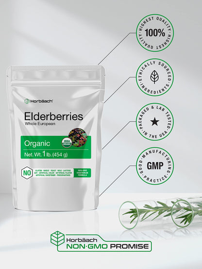 Horbaach Organic Dried Elderberries – 1 lb Bulk Bag | Sambucus Nigra | Non-GMO, Gluten Free