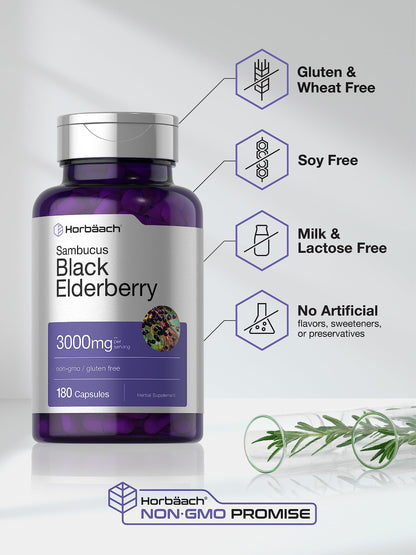 Horbäach Black Elderberry 3000mg Capsules – 180 Count | Non-GMO & Gluten Free