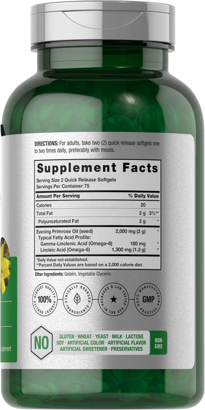 Horbäach Evening Primrose Oil Softgels 2000 mg – 150 ct | Non-GMO, Gluten Free