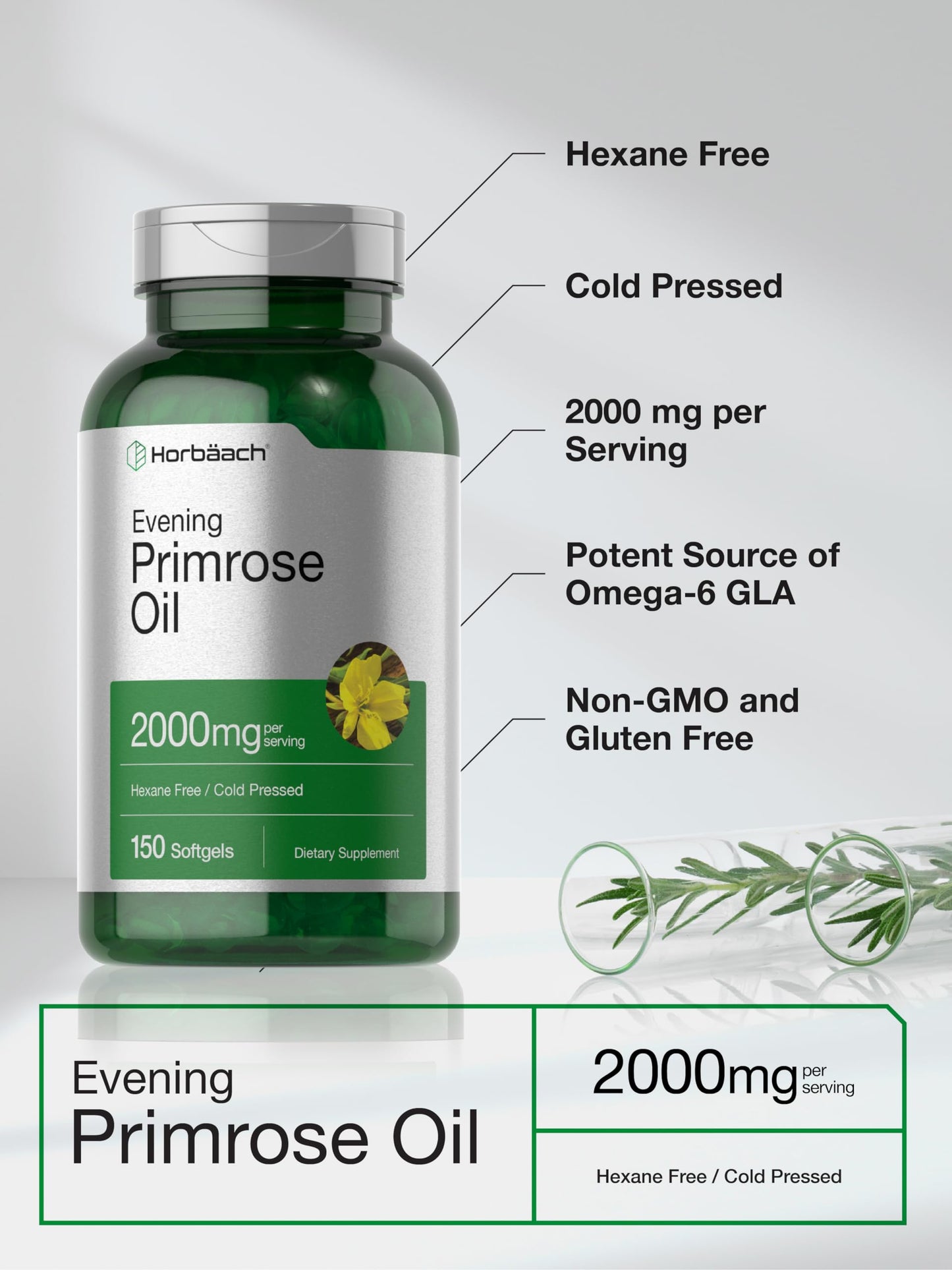 Horbäach Evening Primrose Oil Softgels 2000 mg – 150 ct | Non-GMO, Gluten Free