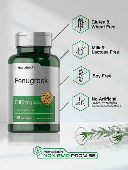 Horbäach Fenugreek Capsules 3000 mg | 150 Count | Non-GMO & Gluten Free