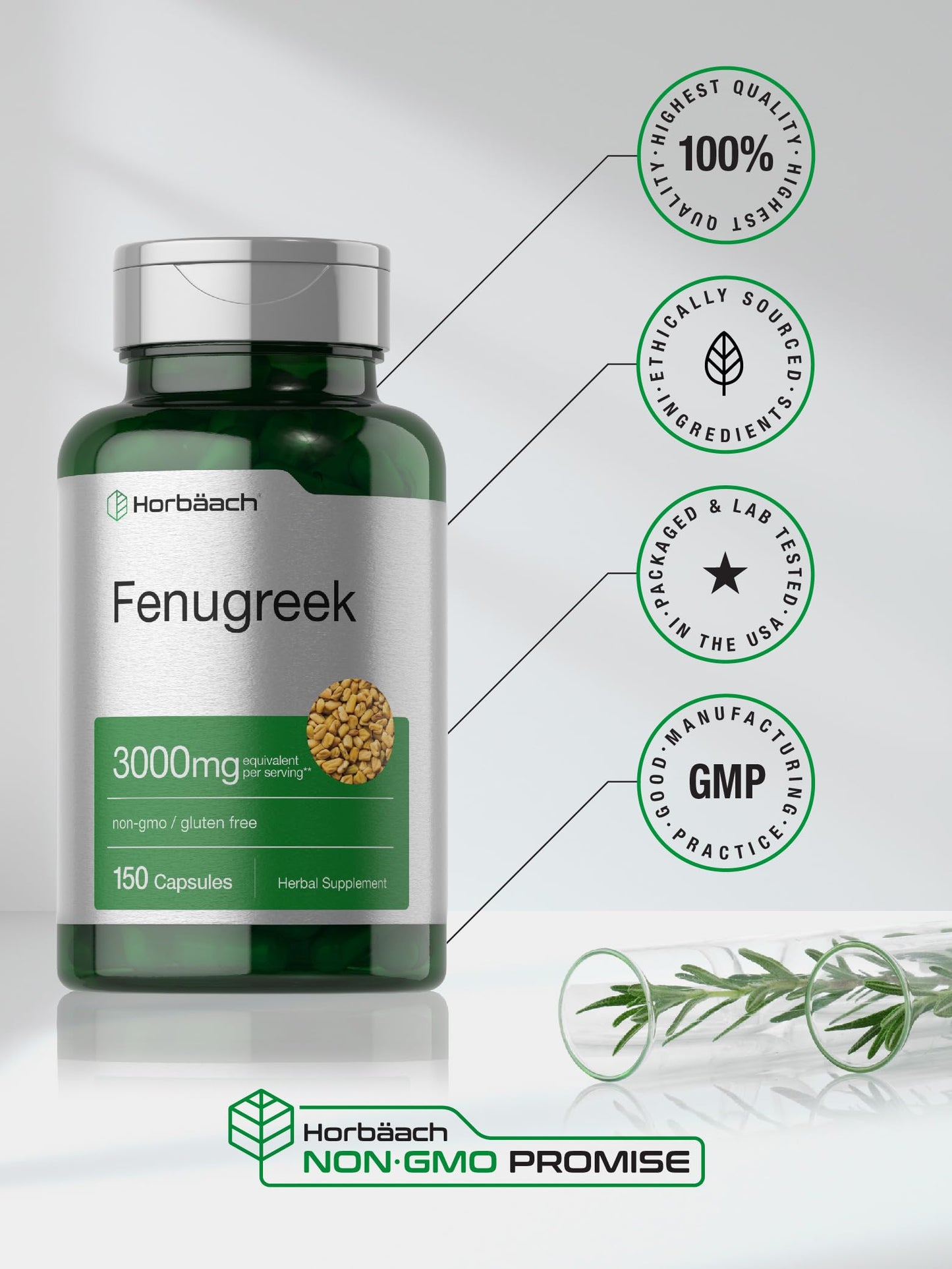 Horbäach Fenugreek Capsules 3000 mg | 150 Count | Non-GMO & Gluten Free