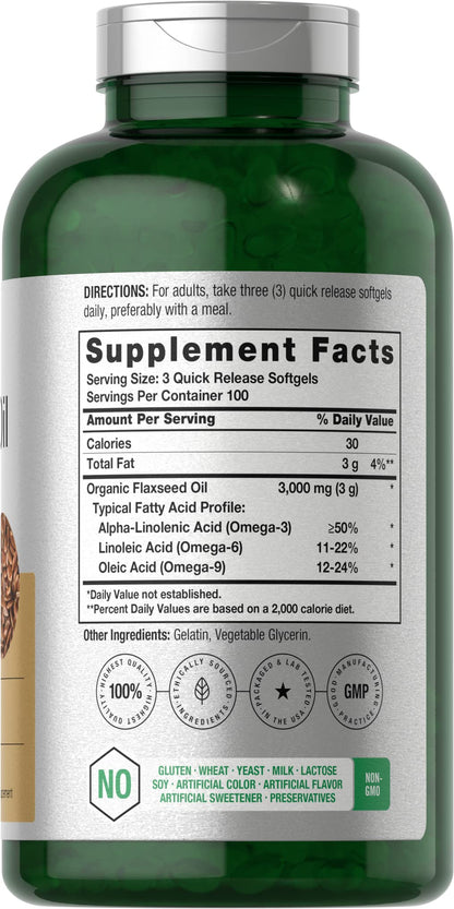 Horbäach Flaxseed Oil Softgel Capsules 3000mg | 300 Count | Non-GMO, Gluten Free | Cold Pressed