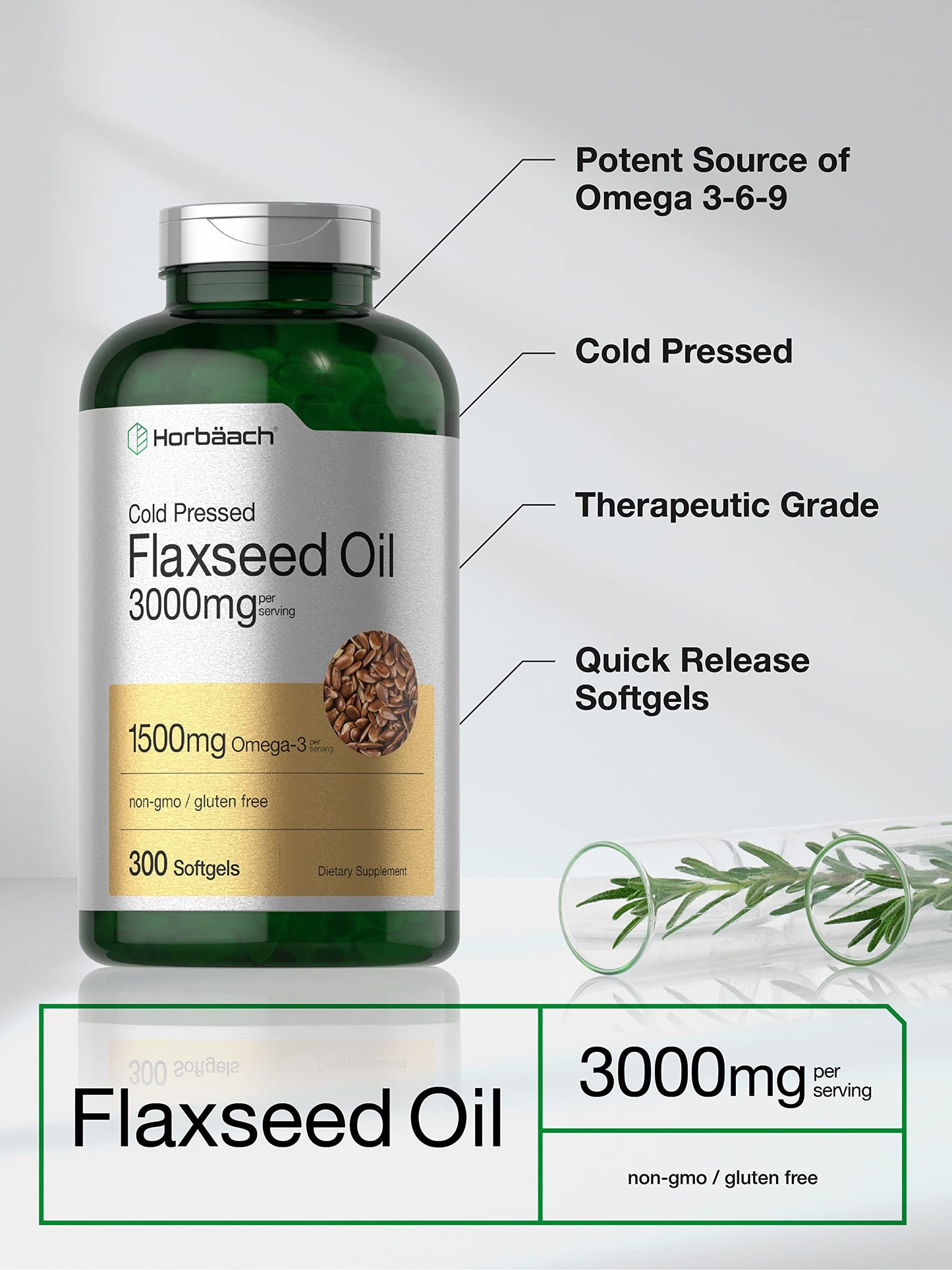 Horbäach Flaxseed Oil Softgel Capsules 3000mg | 300 Count | Non-GMO, Gluten Free | Cold Pressed