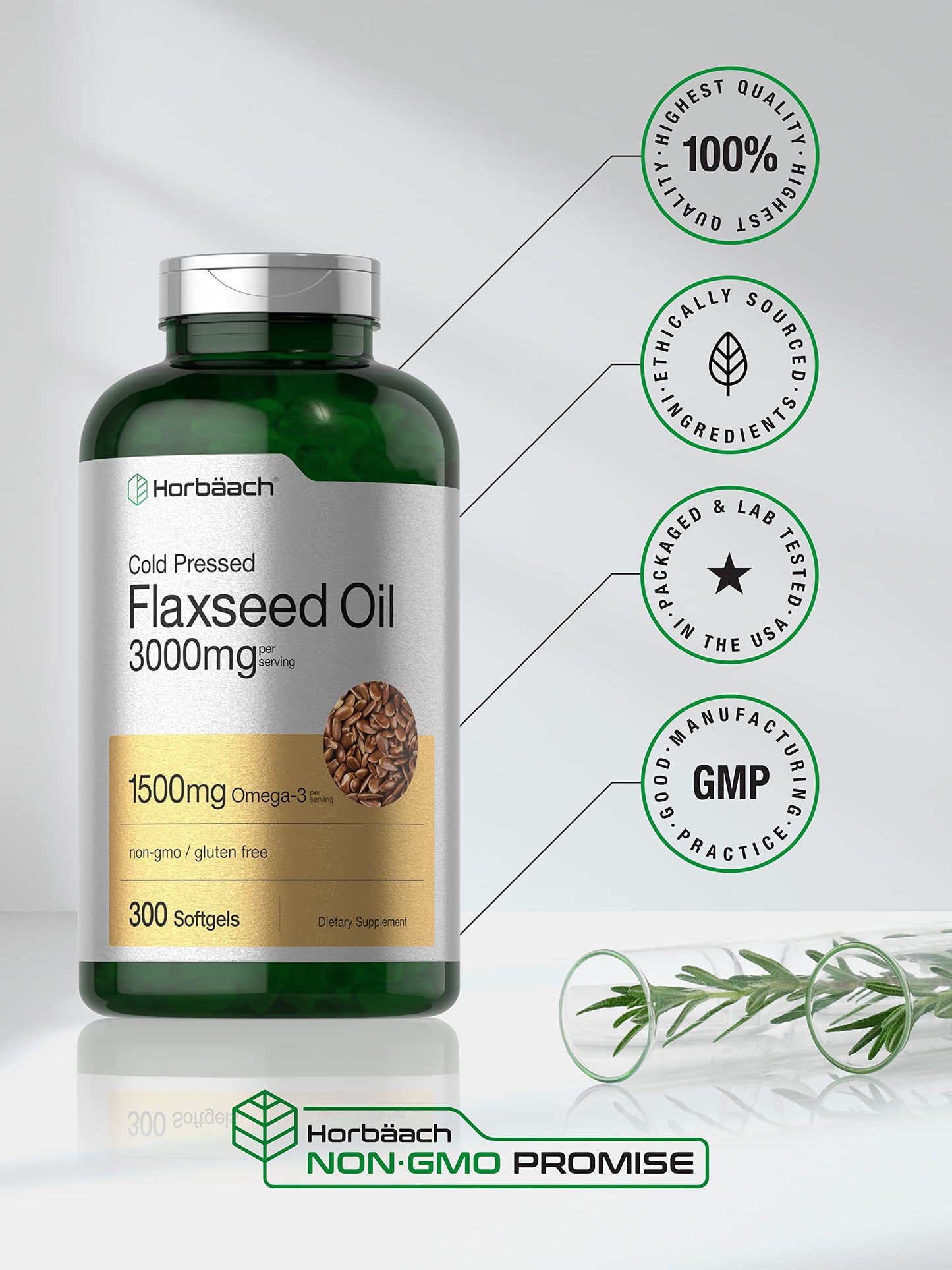 Horbäach Flaxseed Oil Softgel Capsules 3000mg | 300 Count | Non-GMO, Gluten Free | Cold Pressed