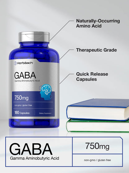 Horbäach GABA 750mg – 180 Capsules | Gamma Aminobutyric Acid, Gluten Free, Non-GMO