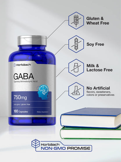 Horbäach GABA 750mg – 180 Capsules | Gamma Aminobutyric Acid, Gluten Free, Non-GMO