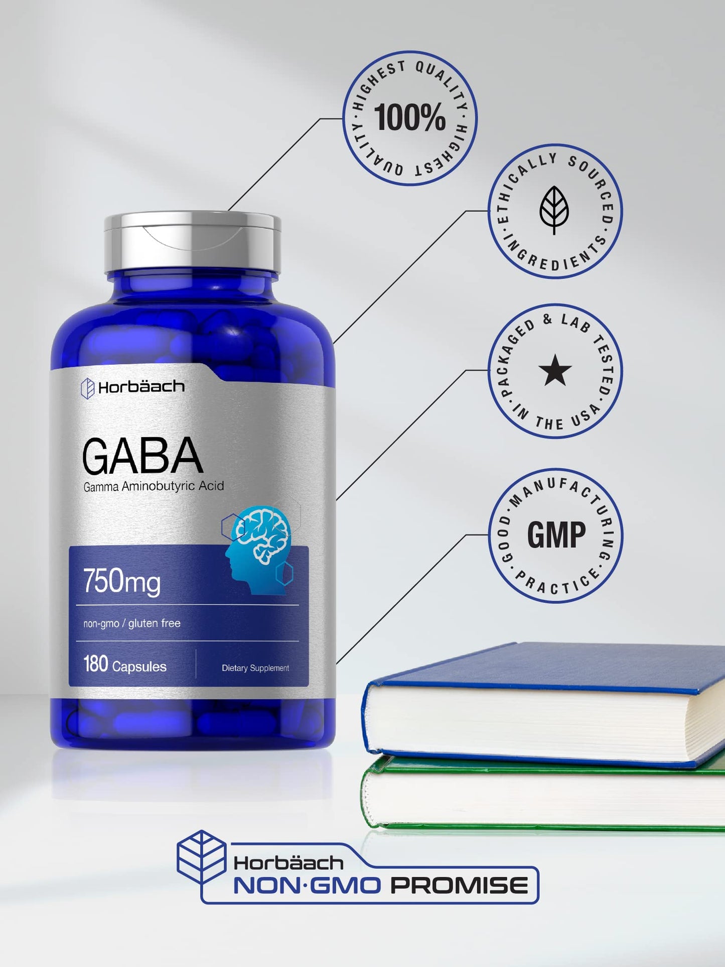 Horbäach GABA 750mg – 180 Capsules | Gamma Aminobutyric Acid, Gluten Free, Non-GMO