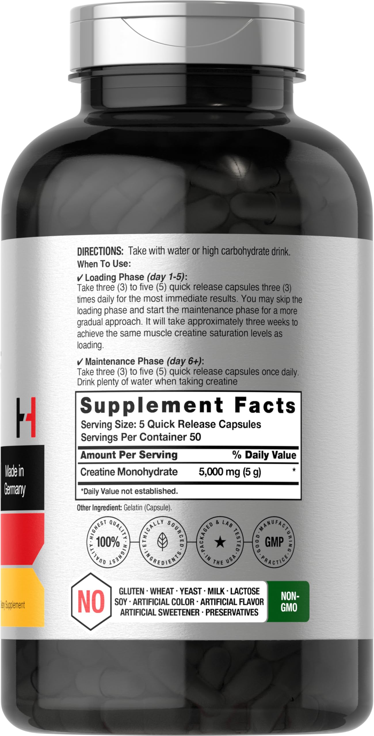 Horbaach German Creatine Monohydrate 5000mg | 250 Capsules | Non-GMO & Gluten Free