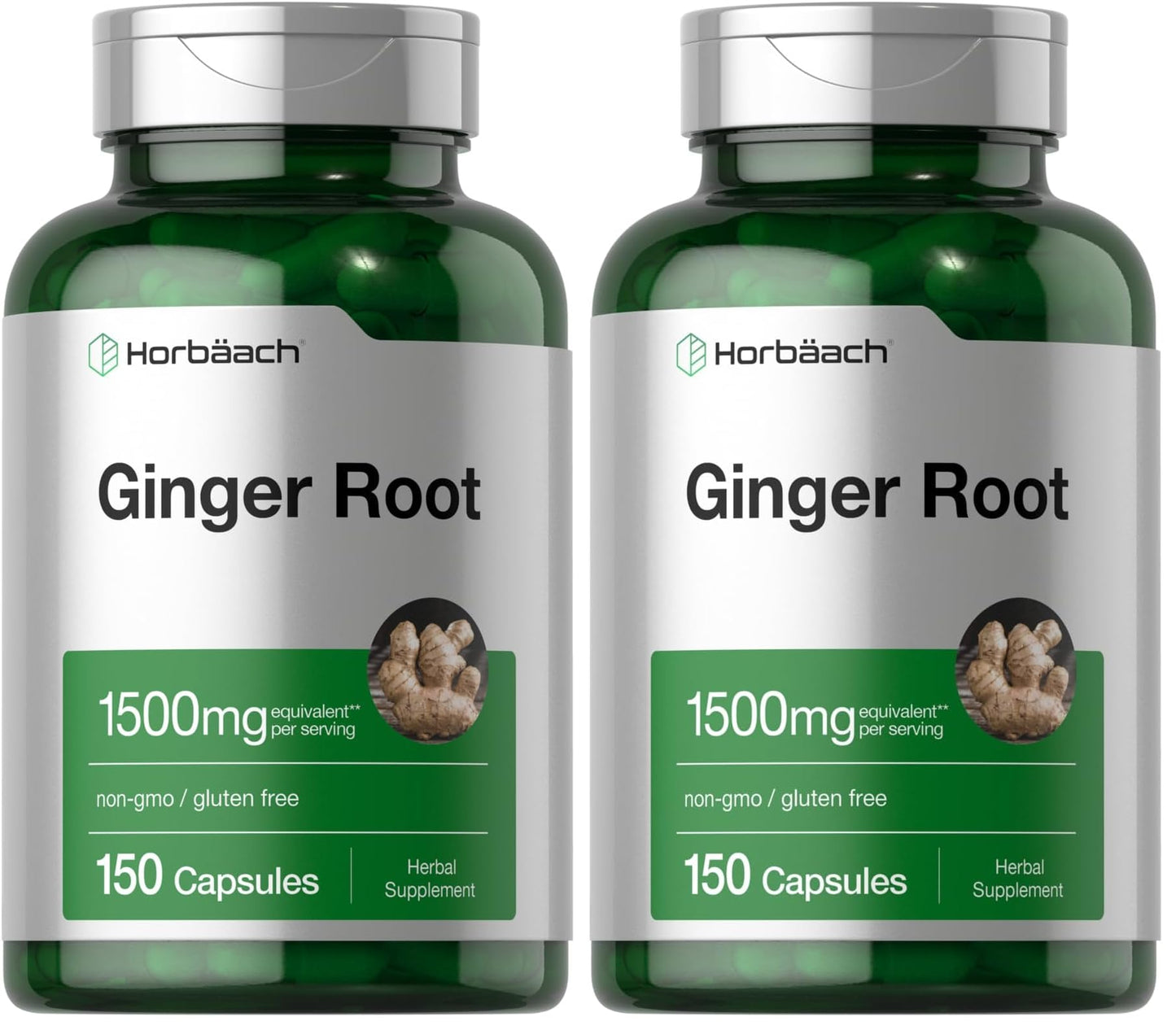 Horbäach Ginger Root Capsules 1500 mg | 150 Pills | Non-GMO, Gluten Free | Ginger Root Extract (Pack of 2)