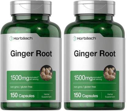 Horbäach Ginger Root Capsules 1500 mg | 150 Pills | Non-GMO, Gluten Free | Ginger Root Extract (Pack of 2)
