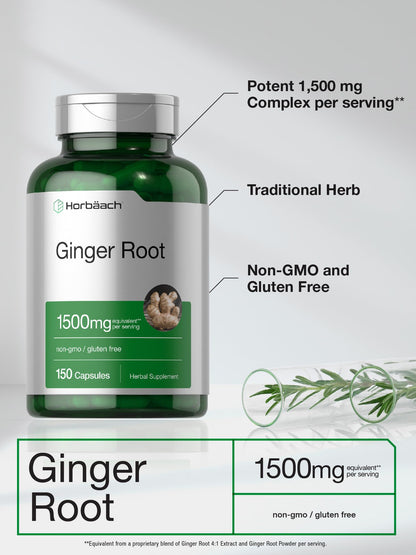 Horbäach Ginger Root Capsules 1500 mg | 150 Pills | Non-GMO, Gluten Free | Ginger Root Extract (Pack of 2)