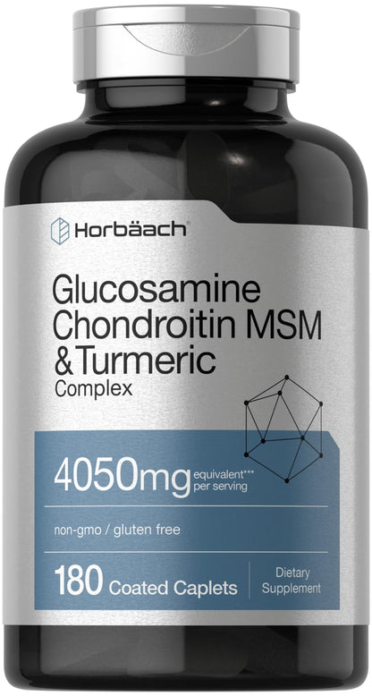 Horbäach Glucosamine Chondroitin MSM 4050 mg – 180 Caplets with Turmeric | Triple Strength | Non-GMO & Gluten Free