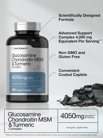 Horbäach Glucosamine Chondroitin MSM 4050 mg – 180 Caplets with Turmeric | Triple Strength | Non-GMO & Gluten Free