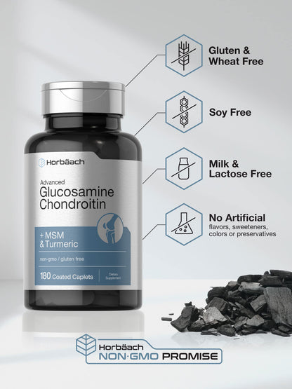Horbäach Glucosamine Chondroitin | Plus MSM & Turmeric | 180 Coated Caplets | Non-GMO, Gluten Free Supplement (Pack of 2)