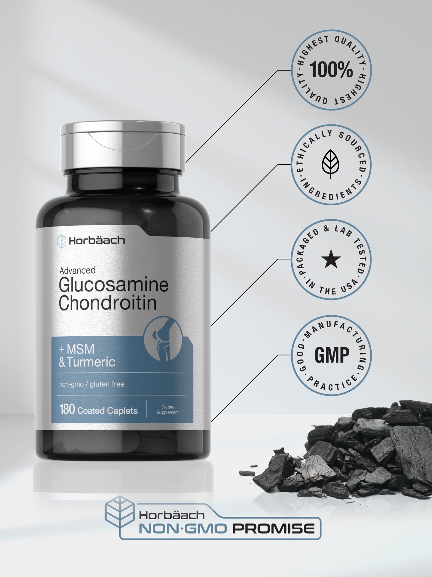 Horbäach Glucosamine Chondroitin | Plus MSM & Turmeric | 180 Coated Caplets | Non-GMO, Gluten Free Supplement (Pack of 2)
