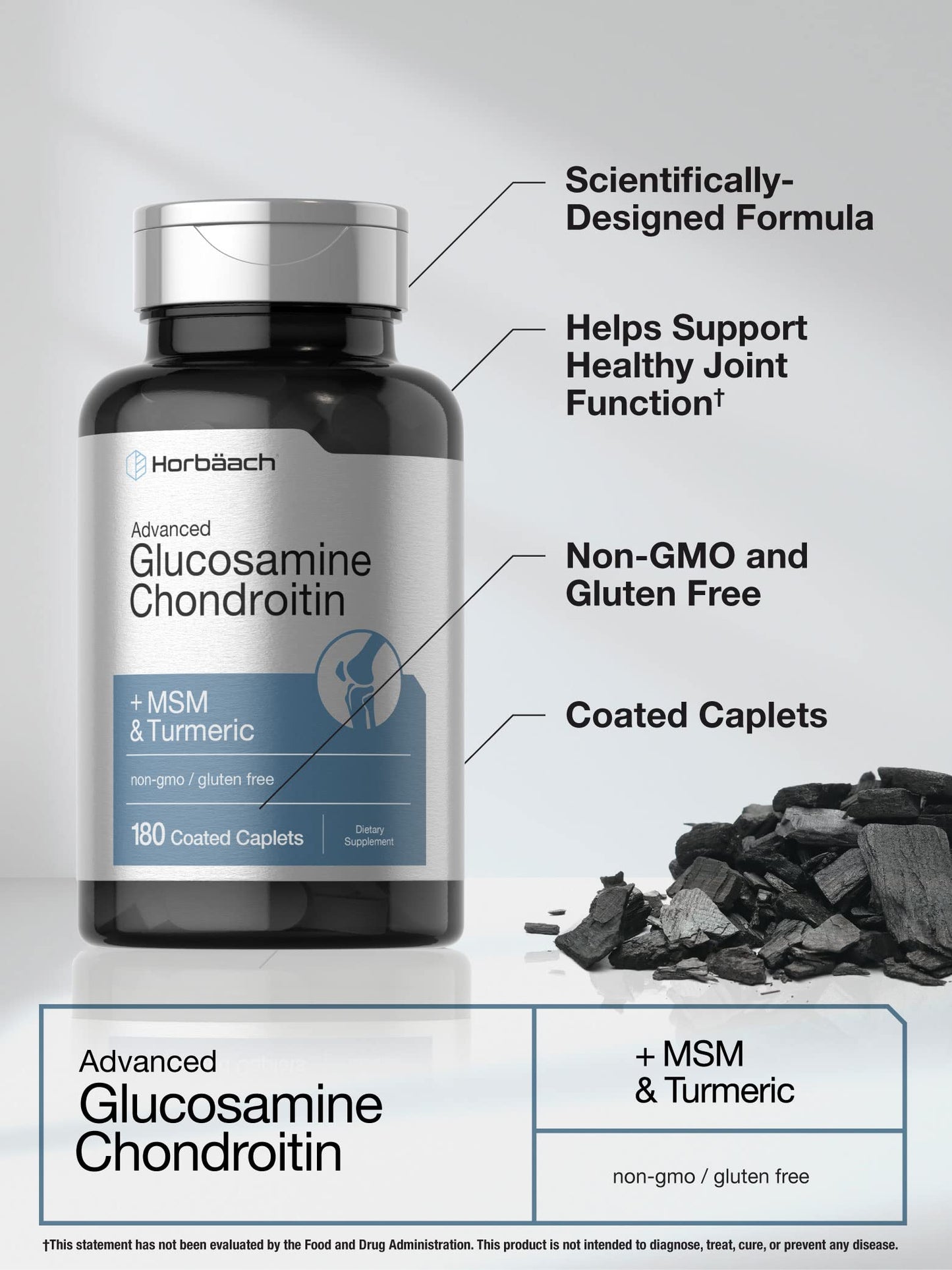 Horbäach Glucosamine Chondroitin | Plus MSM & Turmeric | 180 Coated Caplets | Non-GMO, Gluten Free Supplement (Pack of 2)