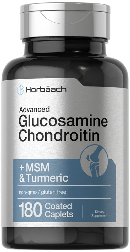 Horbäach Glucosamine Chondroitin + MSM & Turmeric | 180 Coated Caplets | Non-GMO Gluten Free