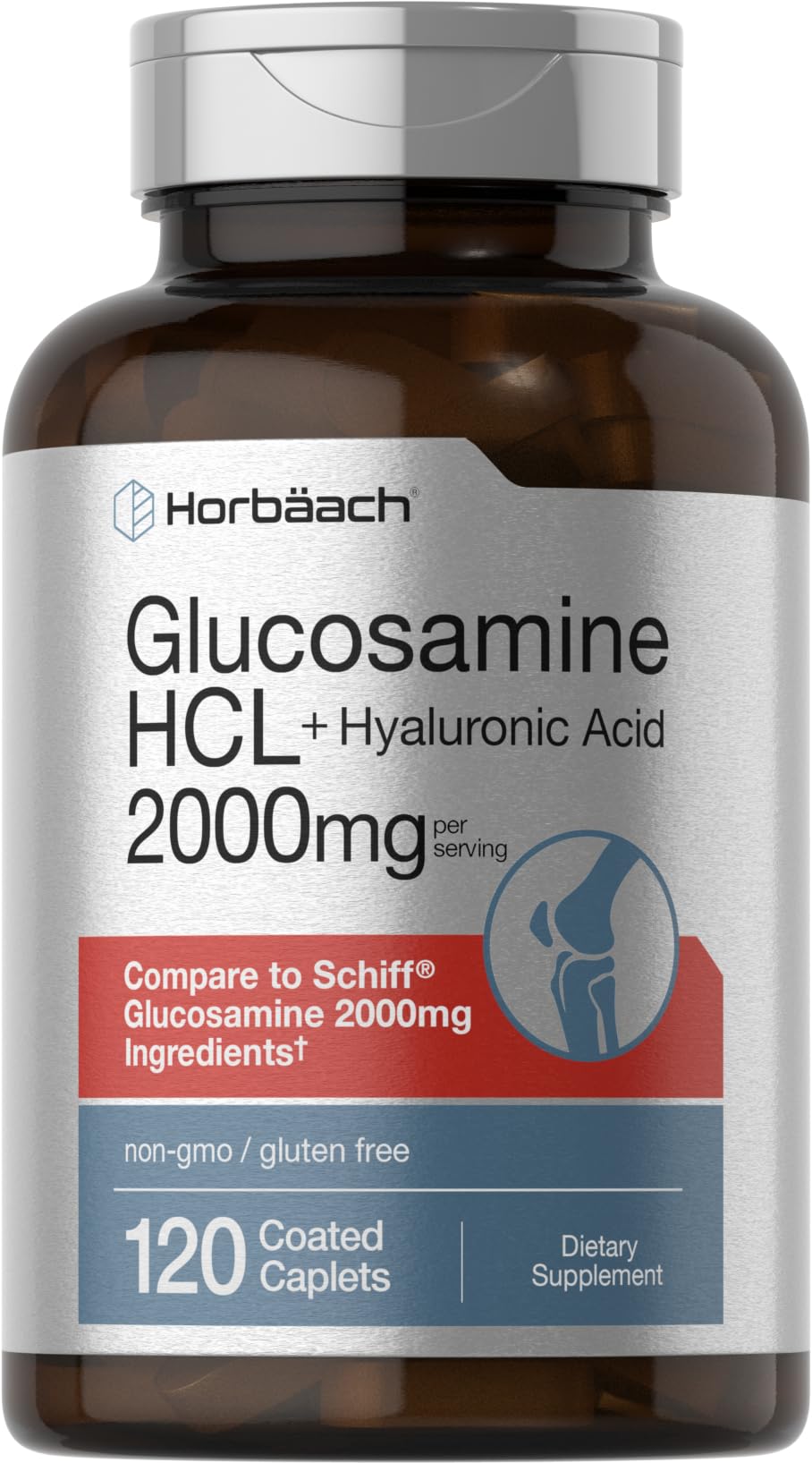 Horbäach Glucosamine HCL with Hyaluronic Acid – 2000mg (120 Caplets) | Non-GMO, Gluten Free