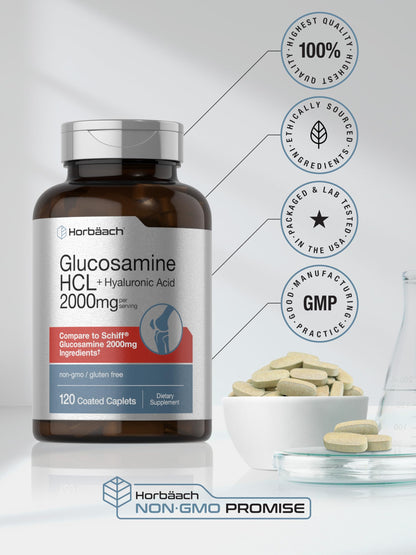 Horbäach Glucosamine HCL with Hyaluronic Acid – 2000mg (120 Caplets) | Non-GMO, Gluten Free