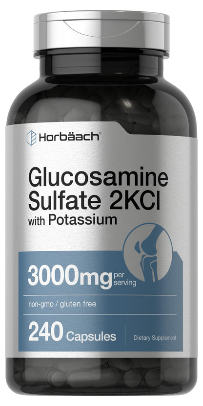 Horbäach Glucosamine Sulfate 2KCI with Potassium | 3000mg | 240 Capsules | Non-GMO and Gluten Free Supplement