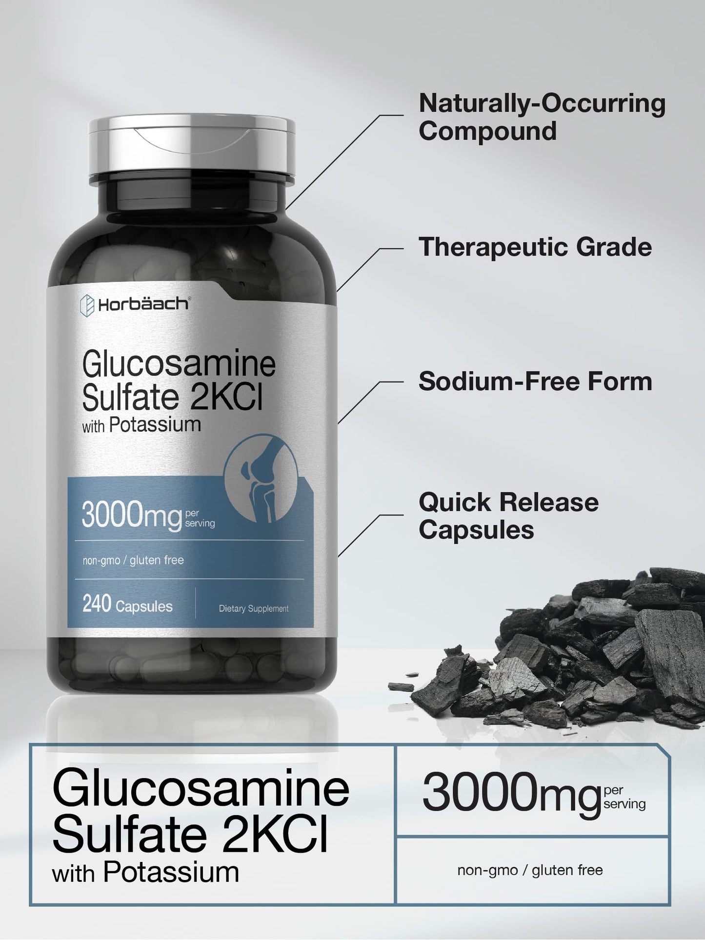 Horbäach Glucosamine Sulfate 2KCI with Potassium | 3000mg | 240 Capsules | Non-GMO and Gluten Free Supplement
