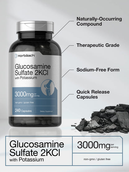 Horbäach Glucosamine Sulfate 2KCI with Potassium | 3000mg | 240 Capsules | Non-GMO and Gluten Free Supplement