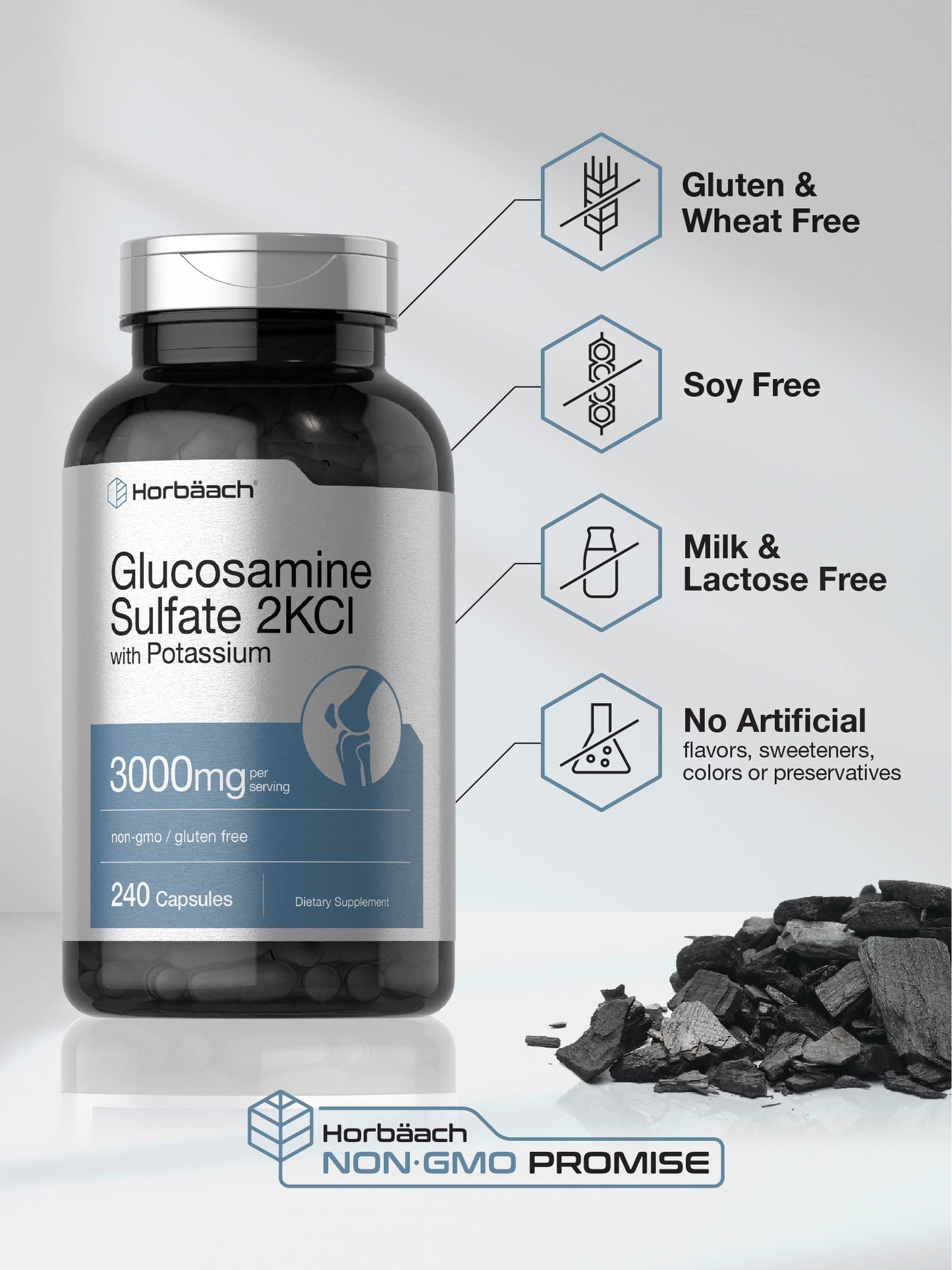 Horbäach Glucosamine Sulfate 2KCI with Potassium | 3000mg | 240 Capsules | Non-GMO and Gluten Free Supplement