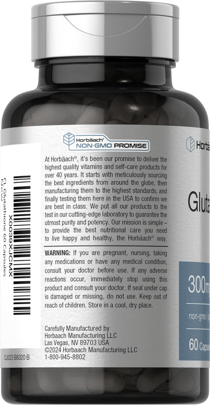 Horbaach Glutathione Supplement – 300 mg, 60 Capsules – Non-GMO & Gluten Free (Reduced Form)