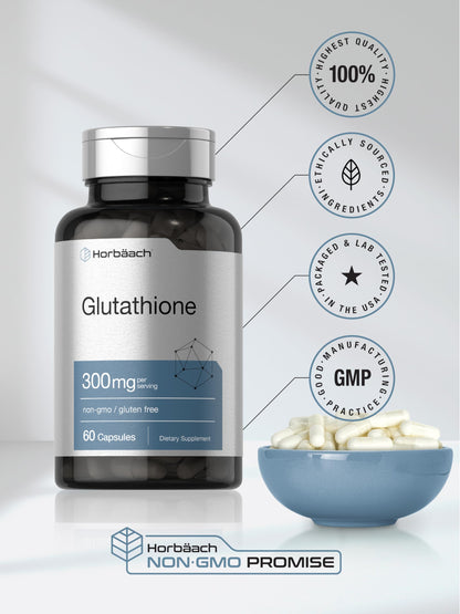 Horbaach Glutathione Supplement – 300 mg, 60 Capsules – Non-GMO & Gluten Free (Reduced Form)