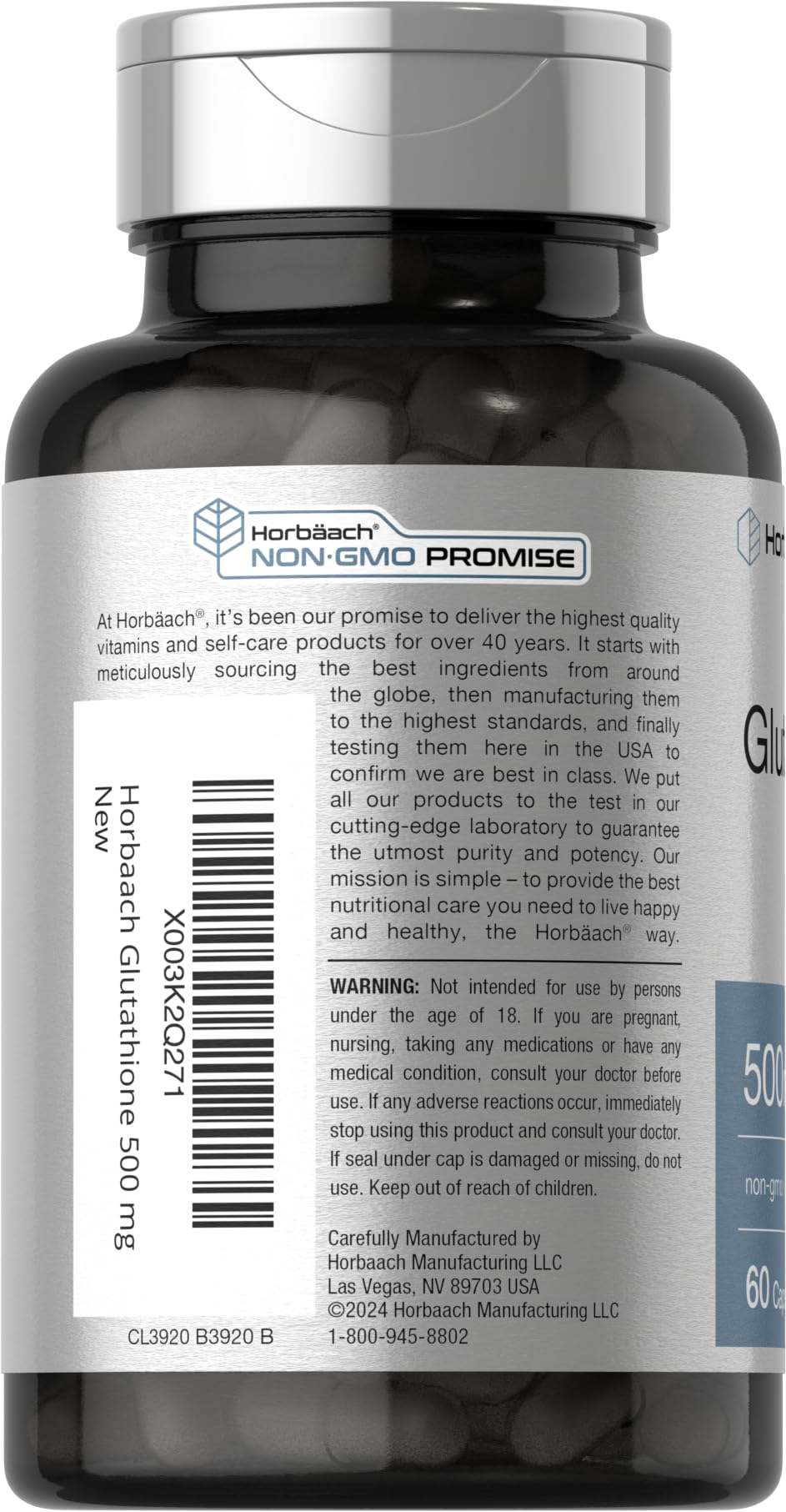 Horbäach Glutathione 500mg Reduced Supplement | 60 Capsules | Non-GMO & Gluten Free