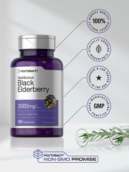 Horbäach Black Elderberry 3000mg Capsules – 180 Count | Non-GMO & Gluten Free