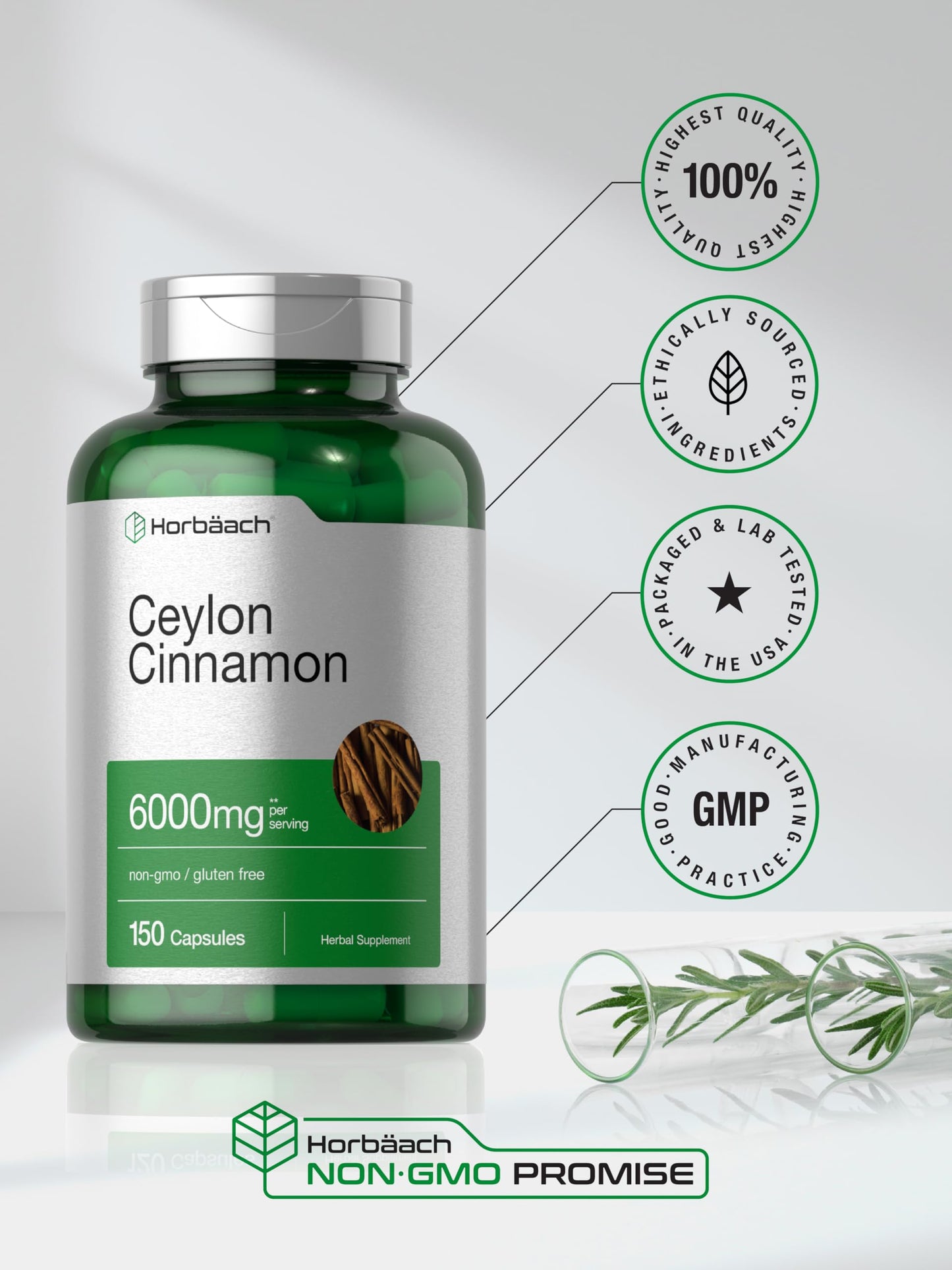 Horbäach Ceylon Cinnamon Capsules – 6000 mg | 150 Count | Non-GMO & Gluten Free