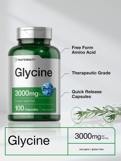 Horbäach Glycine 3000mg Supplement – 100 Powder Capsules | Non-GMO, Gluten Free