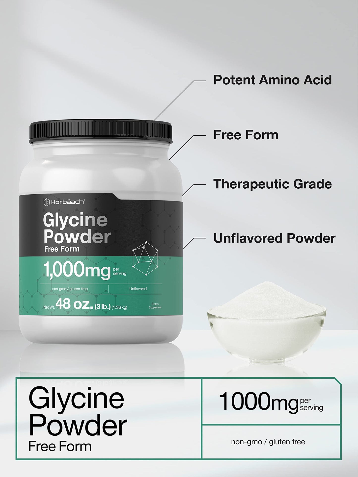 Horbäach Glycine Powder 3 lbs - Free Form, Unflavored, Vegetarian, Non-GMO, Gluten Free