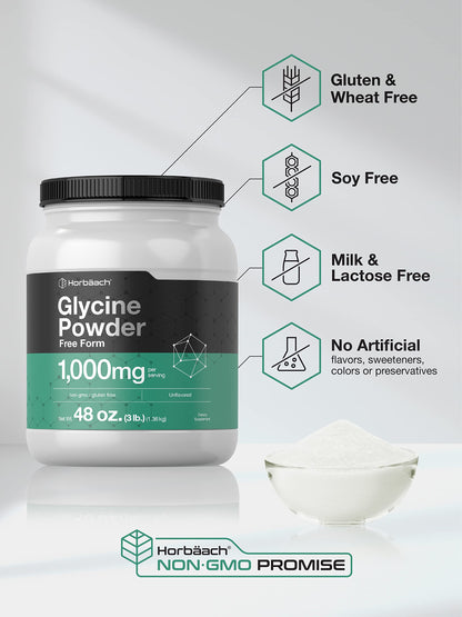 Horbäach Glycine Powder 3 lbs - Free Form, Unflavored, Vegetarian, Non-GMO, Gluten Free